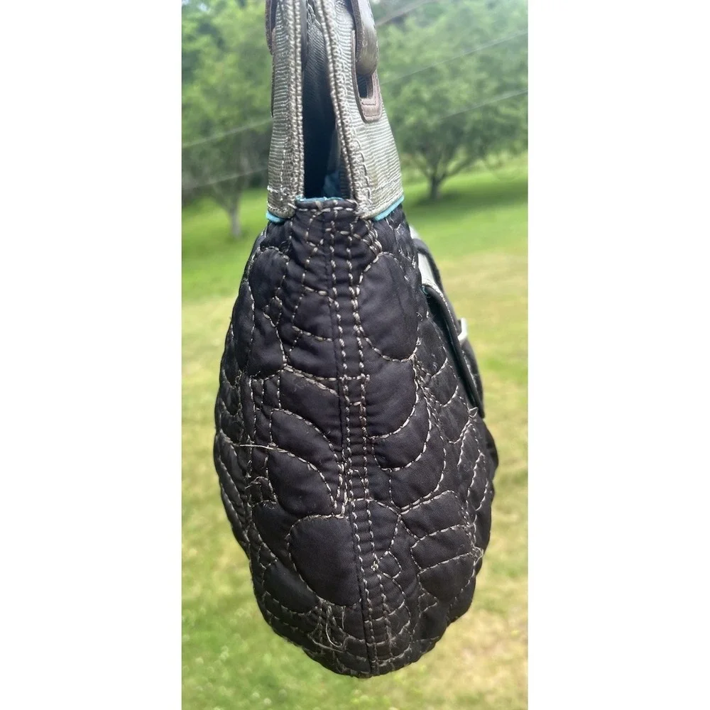 Fossil KEY-PER Black Gray Teal Quilted Fabric Shoulder Bag Satchel